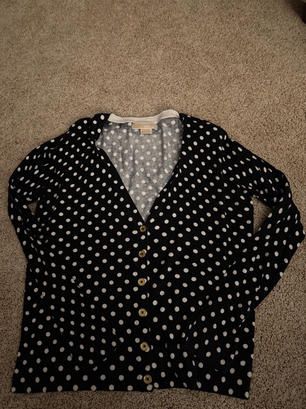 MICHAEL Michael Kors Navy and White Polka Dot Knit Sweater Top Gold Buttons